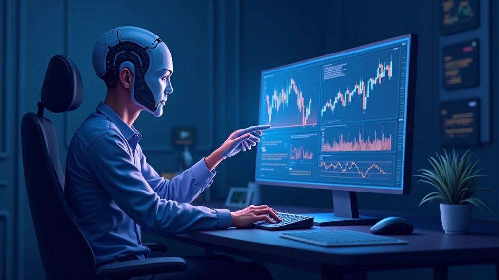 Semi-realistic scene of a trader's desk with a translucent AI agent linked to Gemini's API, monitoring markets.