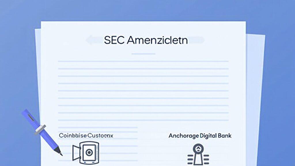 Semi-realistic illustration of an SEC amendment with a vault and custody icons, showing Coinbase replaced by Anchorage.