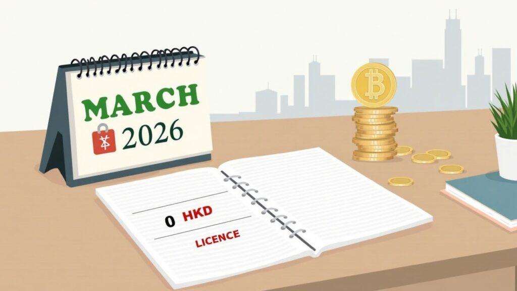 Semi-realistic Hong Kong regulatory desk with a March calendar, ledger showing zero HKD licenses, and HKD coin silhouette.