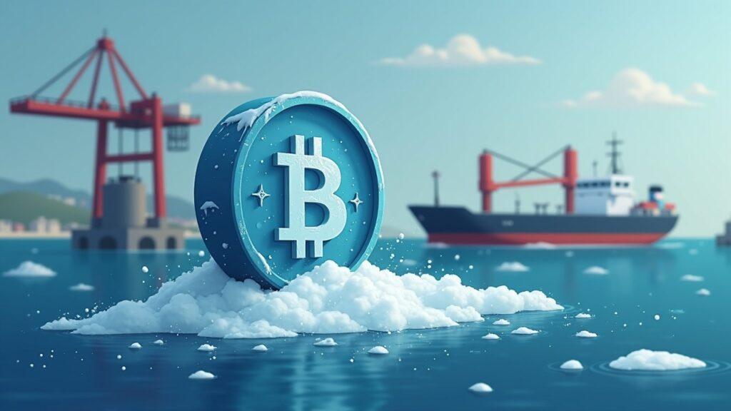 Semi-realistic Hormuz Strait toll scene: ship at a toll gate, a frozen USDC coin in the foreground, with faint Bitcoin and yuan symbols.