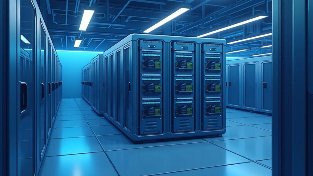 Semi-realistic data-center illustration of immersion-cooled modular mining modules with Avalon hash boards.