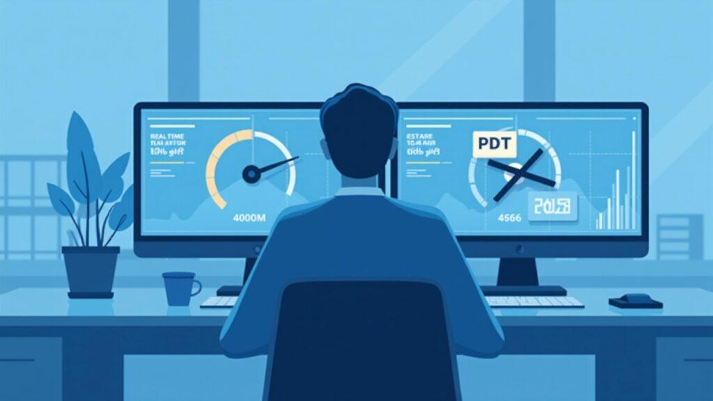 Trader at desk with dual monitors displaying a real-time risk meter and a crossed PDT badge, symbolizing broker-led intraday margins.