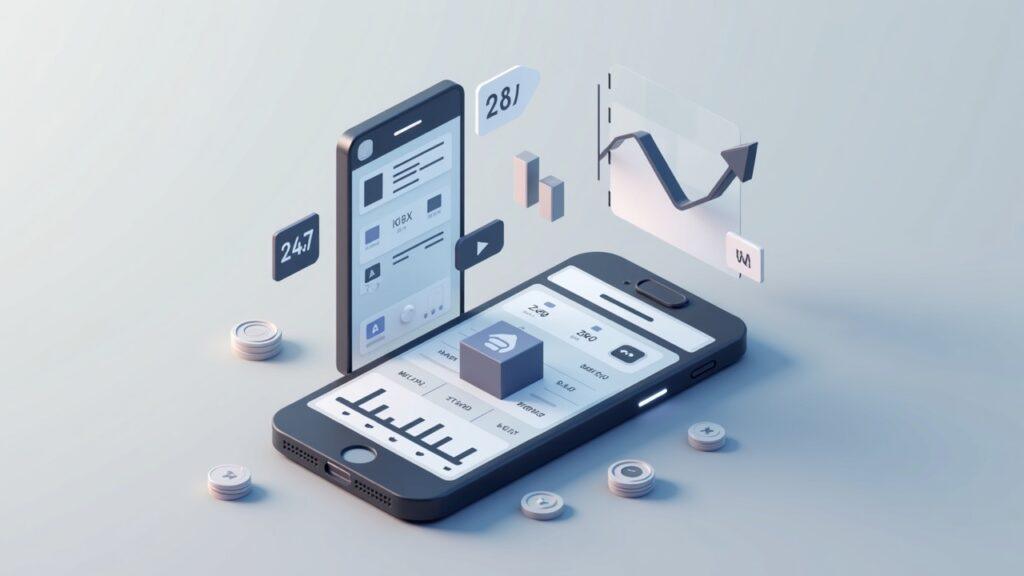 Semi-realistic illustration of a smartphone trading app showing crypto, stocks, commodities, and FX with 24/7 access