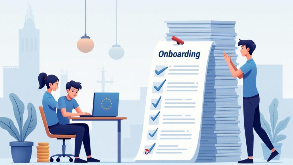 Semi-realistic scene of a small crypto startup team facing a long MiCA onboarding checklist and towering documents.