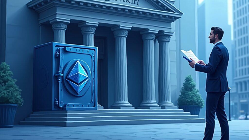 NYSE-style exchange facade with an ETH vault, Ethereum logo, and a corporate figure presenting a ledger in blue-gray tones