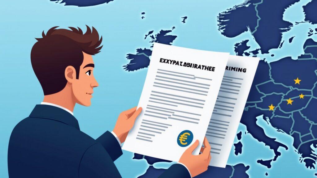 European trader reviews a MiFID crypto derivatives contract with euro symbol and EU map, five-year expiry, 10x leverage.