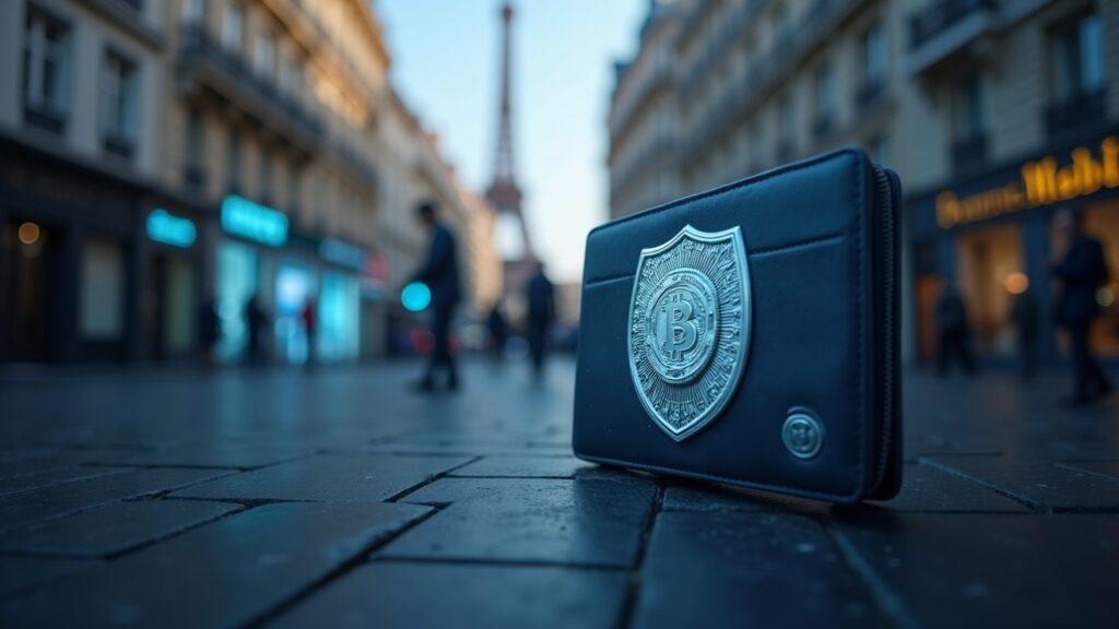 Paris scene with a shielded crypto wallet, police badge, and digital security interface signaling crypto safety measures.