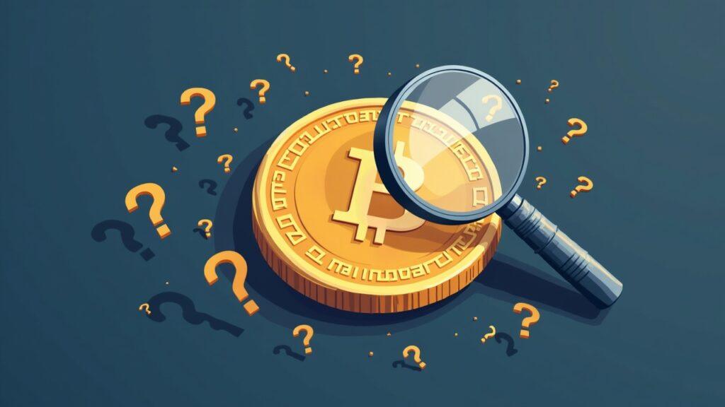 Semi-realistic Bitcoin coin, forensic magnifier, and subtle Patoshi pattern signaling uncertainty about Satoshi's holdings