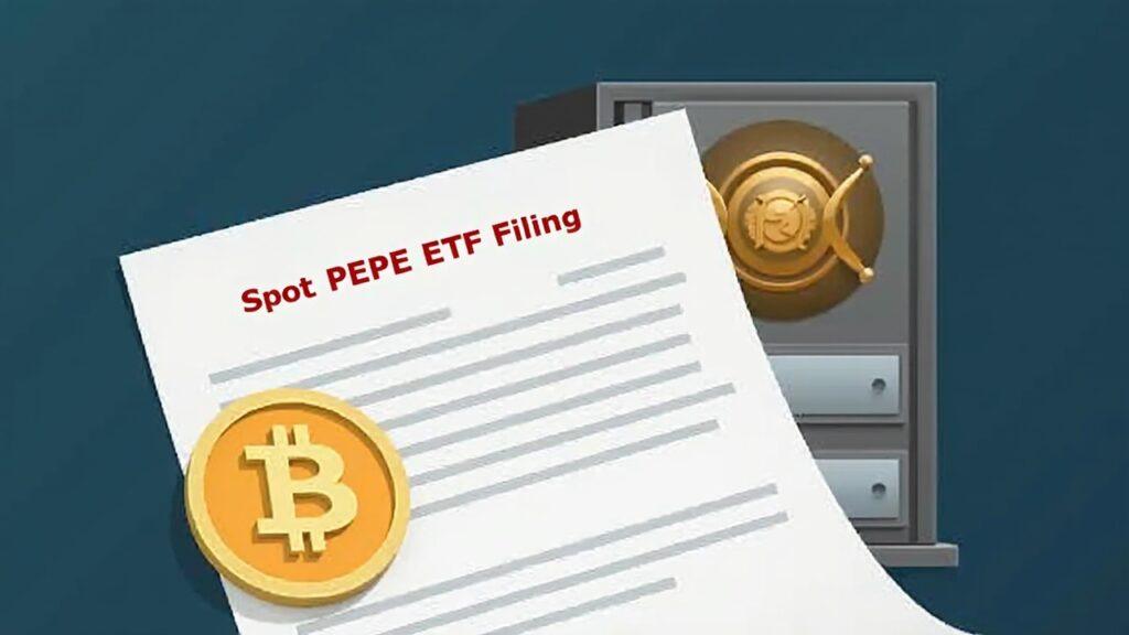 PEPE coin beside an S-1 form with a custody vault in the background, signaling a spot PEPE ETF filing under regulatory review.
