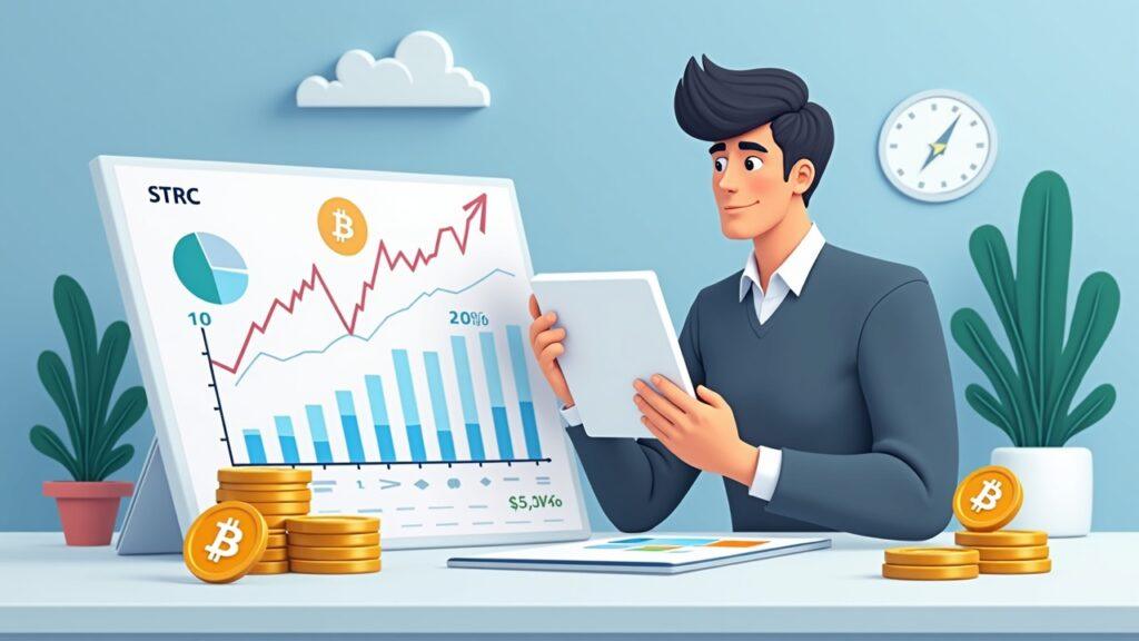 Cautious analyst beside a balance sheet, charting STRC yield vs Bitcoin price with coins in a modern newsroom.