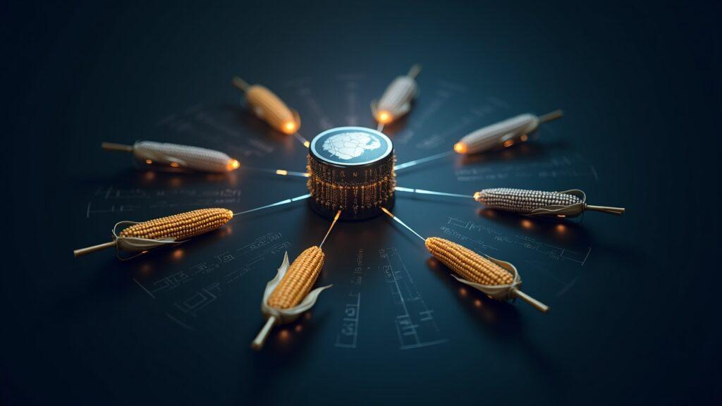 Central data hub streaming live commodity prices to a settlement interface with metal and crop icons.