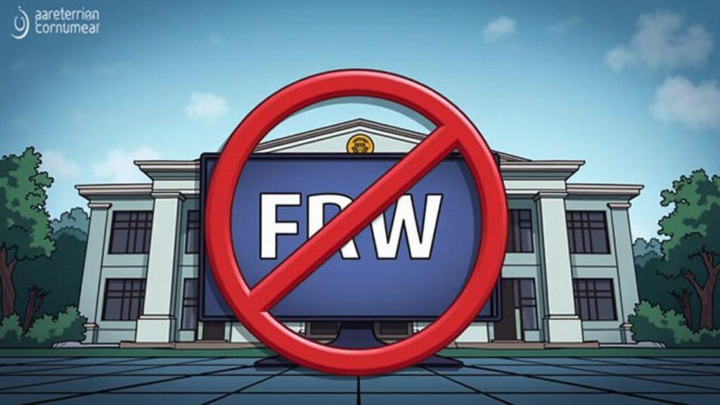 Rwanda central bank facade with a red ban symbol over a screen showing paused FRW P2P trading.