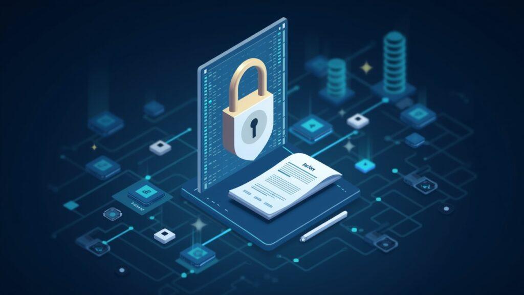 Semi-realistic illustration of a secure crypto exchange with shield, ledger, five-minute clock, and regulatory backdrop