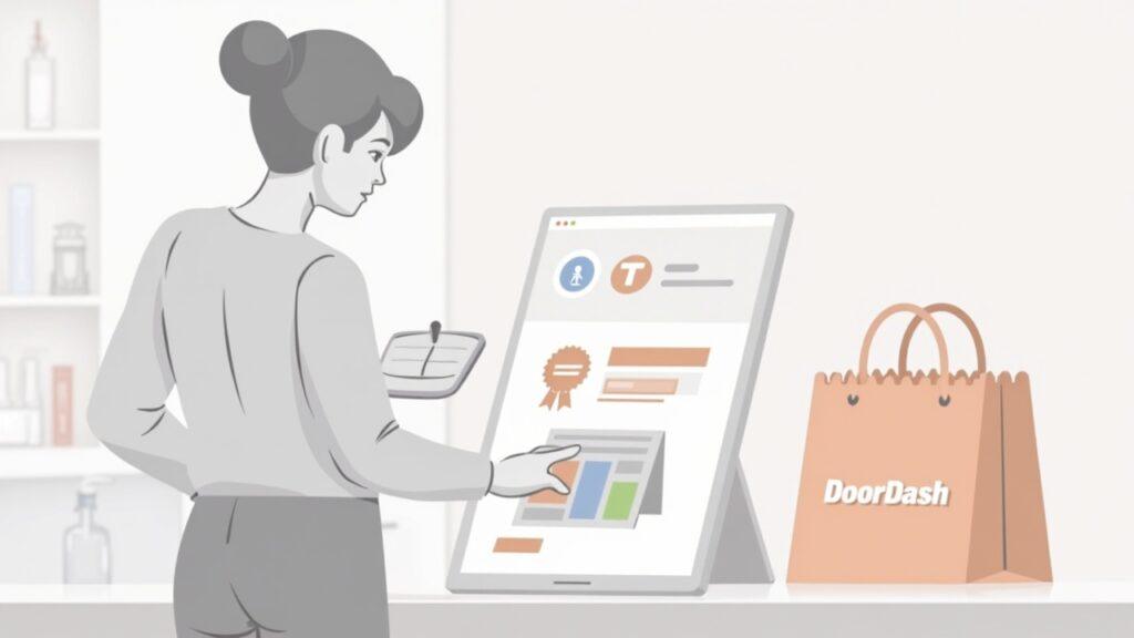 Shoppers at checkout link a crypto wallet; Tempo badge and DoorDash bag visible with a signing modal.