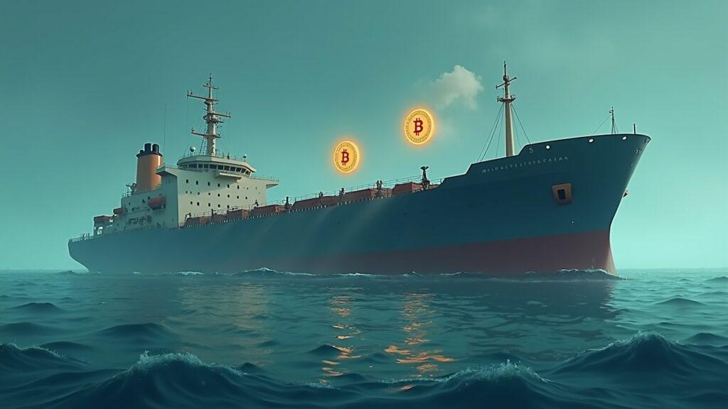 Stranded ship in the Strait of Hormuz with ghostly Bitcoin and Tether coins hovering above a forged authorities notice.