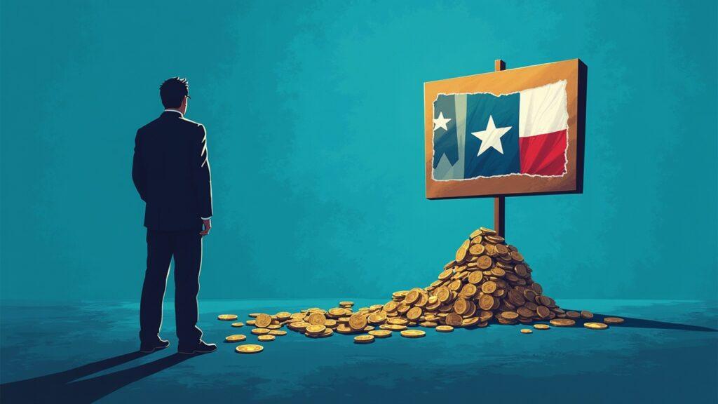 Semi-realistic Texas silhouette with a campaign ad board and a flowing crypto coin trail, signaling PAC spending in the Paxton race.