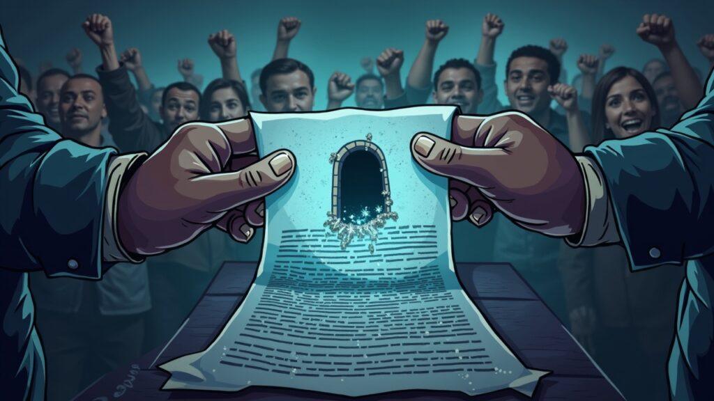 Realistic crypto token backdoor scene with dark hands, frozen wallet and protesting investors in muted tones.