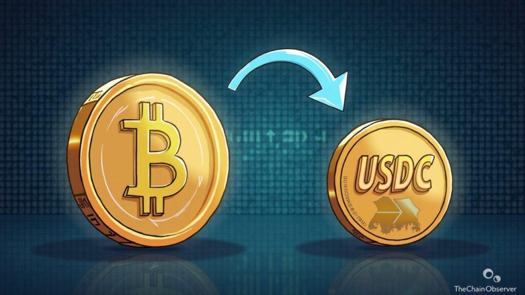 Oversized USDT coin leads a smaller USDC coin with liquidity arrows toward USDT, cyber breach newsroom backdrop.