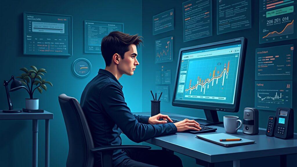 Realistic illustration of Vitalik Buterin at a desk with rising/falling lines and data feeds merging into a median oracle