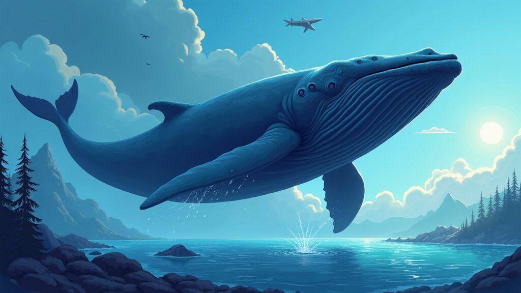 Semi-realistic whale over a stressed Aave market with a 115→92 price drop chart and drained liquidity.