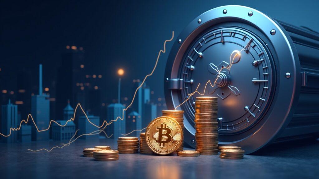 Hybrid illustration of XRP inflows surpassing Bitcoin, with a Swiss custody vault and subtle regulatory imagery.