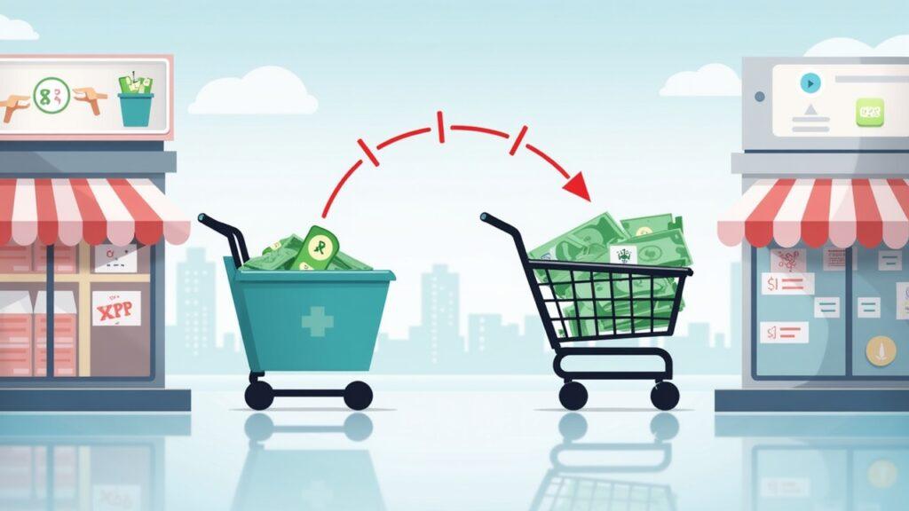 Semi-realistic scene: XRP flows from Rakuten loyalty points to Rakuten Cash for Rakuten Pay purchases in Japan.