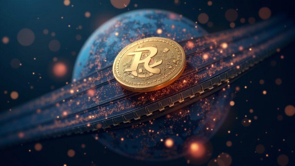 Semi-realistic yuan-stablecoin circling a globe with digital rails, illustrating cross-border payments and competition.