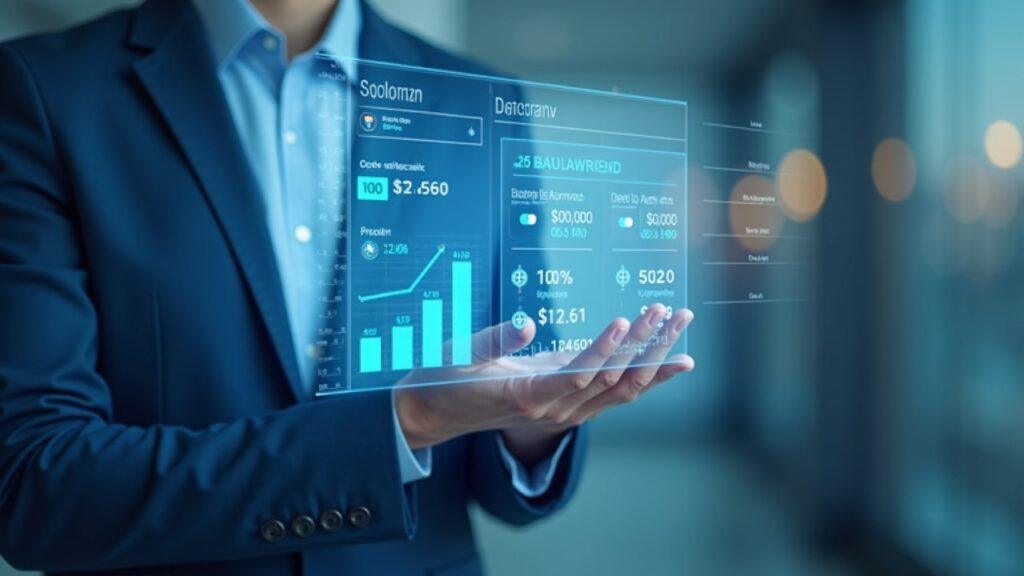 Realistic AI agent in business attire using a holographic Agentic Banking dashboard with logs and policy-based permissions.