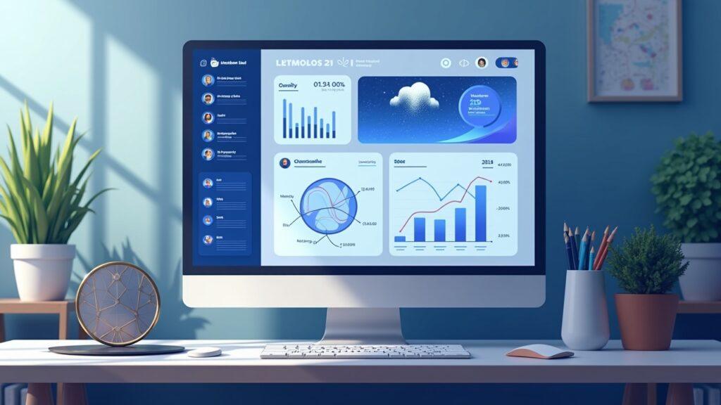 Semi-realistic AI-powered crypto dashboard on a desk with on-chain charts and natural-language queries; lean team silhouette.