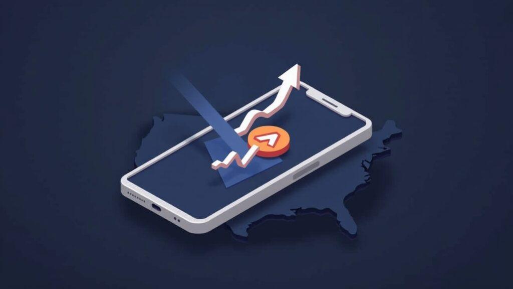 Semi-realistic smartphone screen showing an ALGO trading app, a rising arrow, and a U.S. map symbolizing restored U.S. retail access.