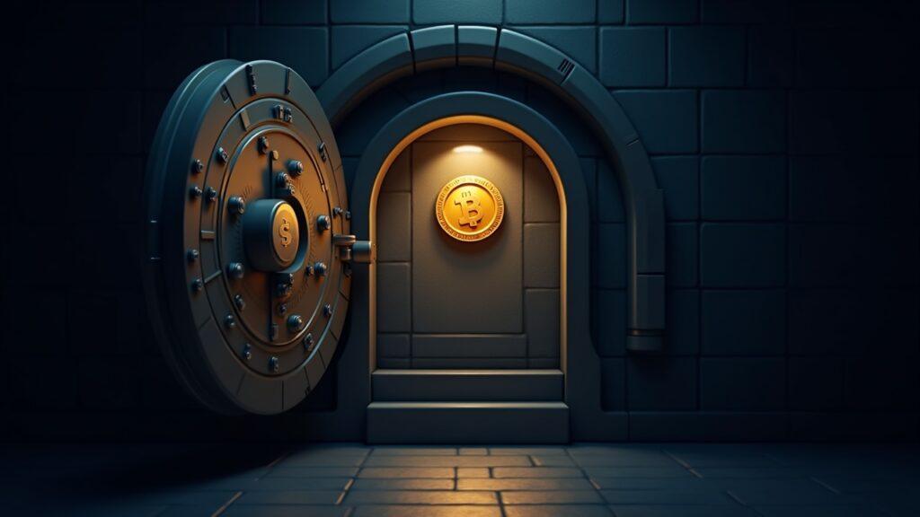 Semi-realistic Swiss bank vault scene with a Canton Coin above a secure client ledger and faint network lines.