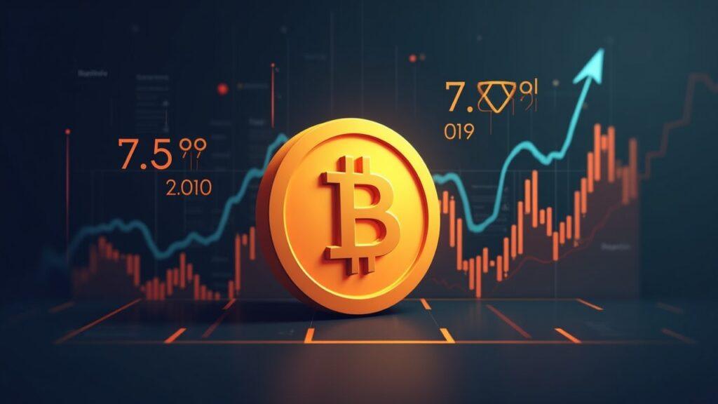 Semi-realistic Bitcoin coin beside a 77k price tag, muted stock rally backdrop, hinting at May 29 derivatives expiry.