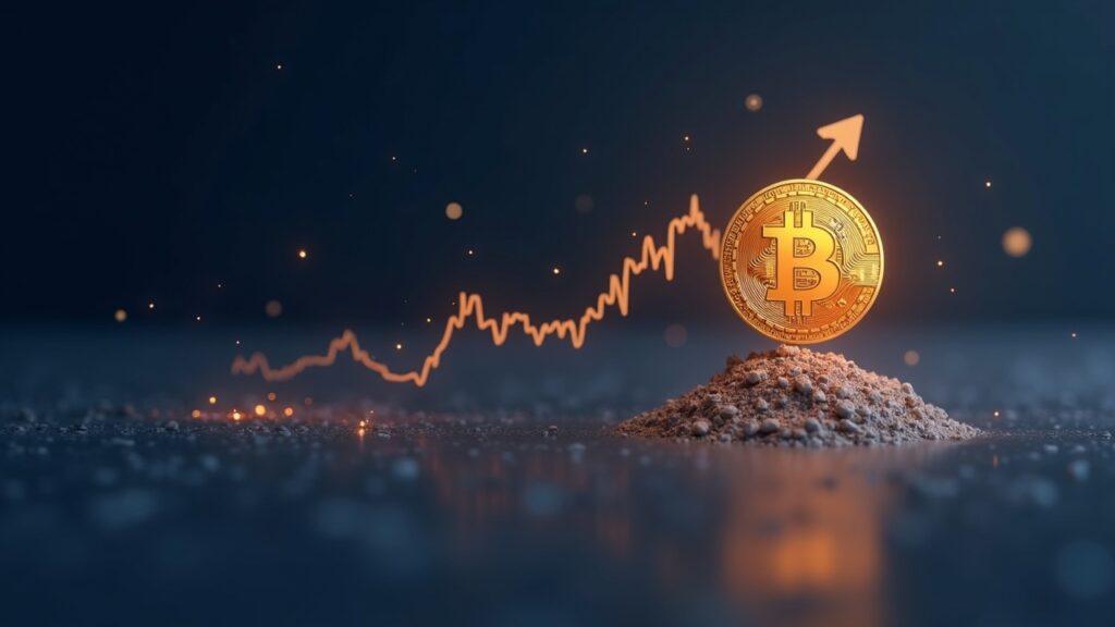 Semi-realistic Bitcoin near $80k with a soft barrier and subtle arrows indicating ETF inflows.
