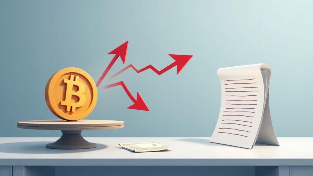 Semi-realistic desk scene with fading Bitcoin icon as red arrows show six days of ETF outflows toward a digital ledger.