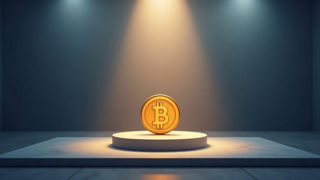 Semi-realistic Bitcoin coin on stage with a subtle glow, in a sleek blue-gray newsroom backdrop