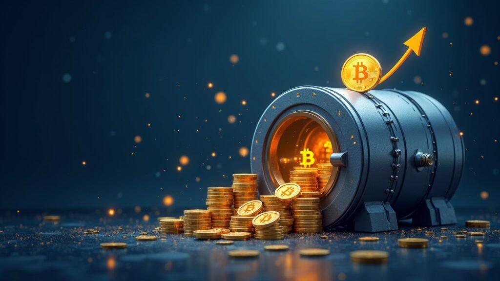 Realistic vault scene with rising bitcoin stacks and a subtle digital ledger, signaling treasury accumulation.