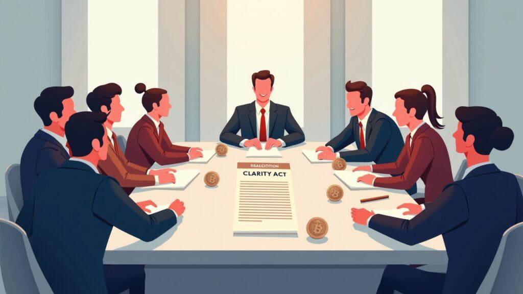 Illustration of seven Senate negotiators around a table with CLARITY Act document and crypto icons.