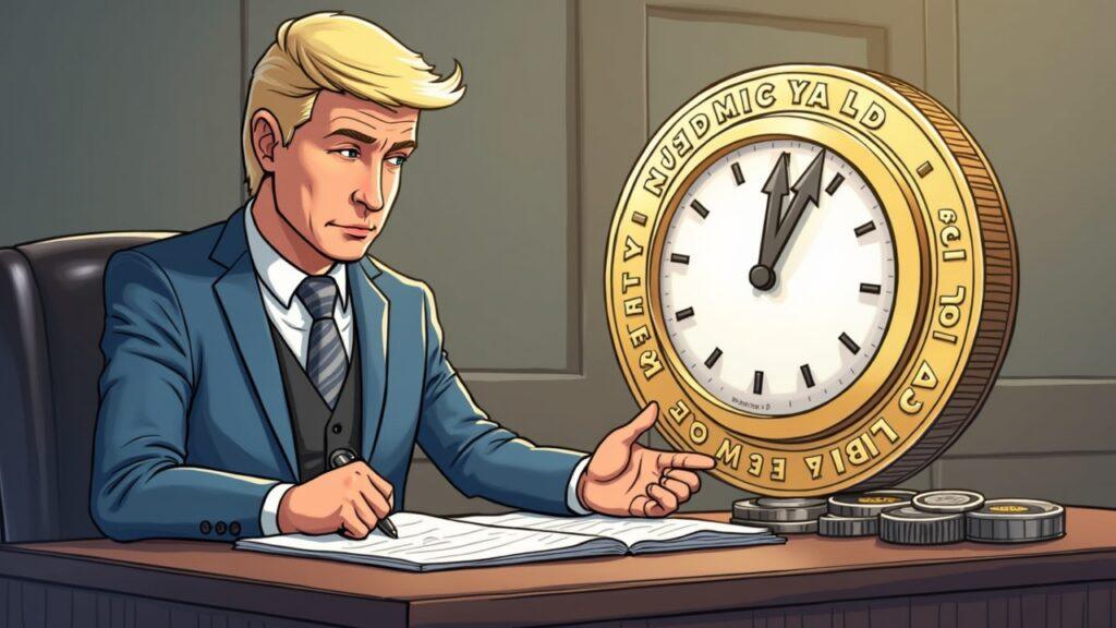 Hybrid image of a lawmaker reviewing crypto legislation, a clock signaling a three-year delay, stablecoin yield arrows.