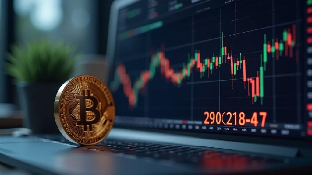 Semi-realistic Bitcoin logo beside a real-time BVX volatility ticker on a sleek trading desk.