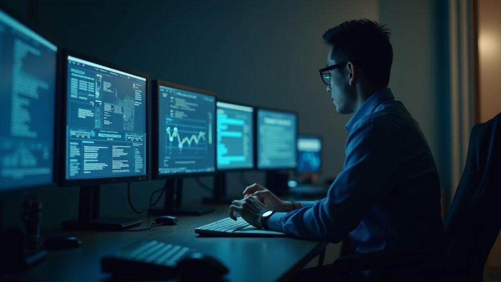 Forensic analyst analyzes blockchain flows on multiple screens with KYC links, courthouse in the background.