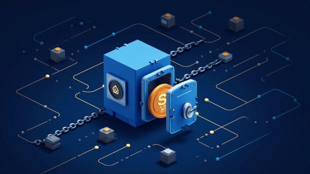 Vault scene with a USDF coin traversing a Solana-inspired multi-chain network for Coinbase stablecoins.