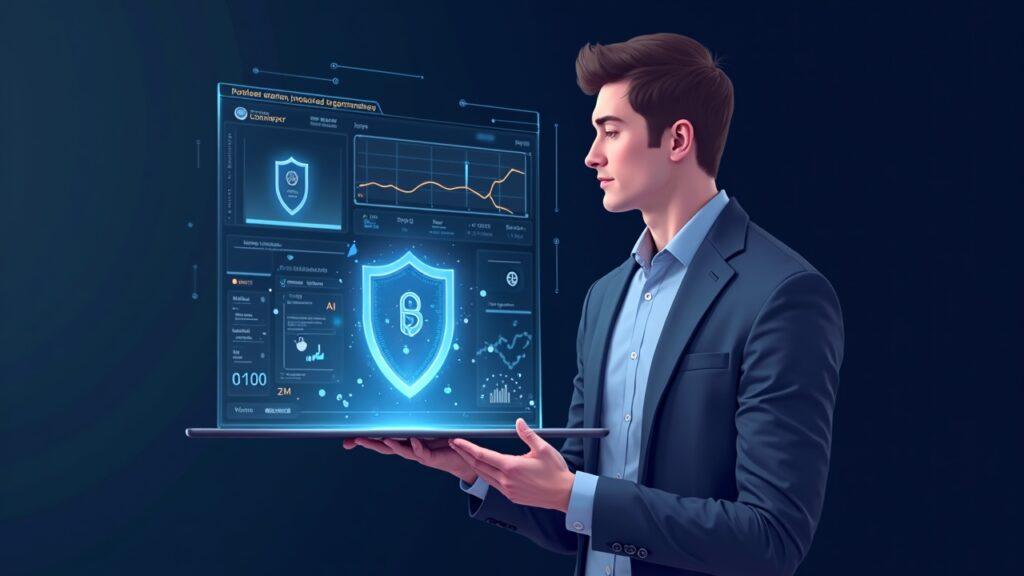Business leader with a holographic dashboard showing AI payments, tokenization, and regulatory shields.