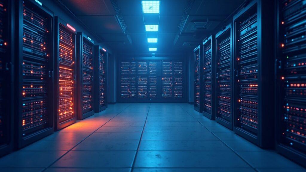 Data center scene with overheated cooling units and a paused trading dashboard signaling a crypto exchange outage.
