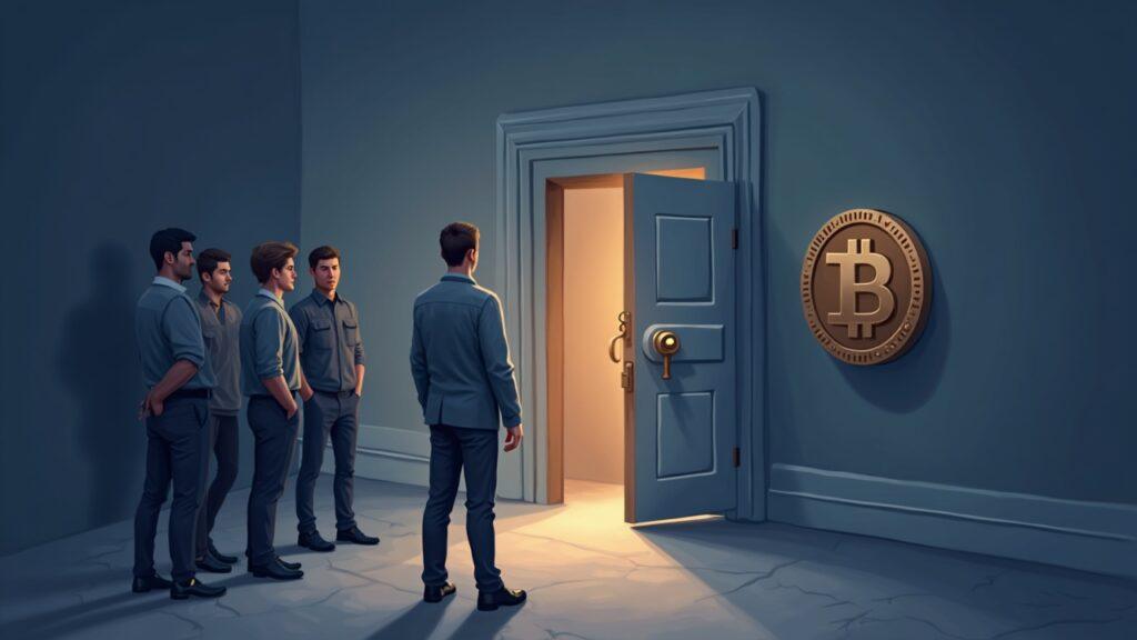 Semi-realistic scene of a crypto holder confronted by a small team outside a door; vault, key icon, and Europe map.