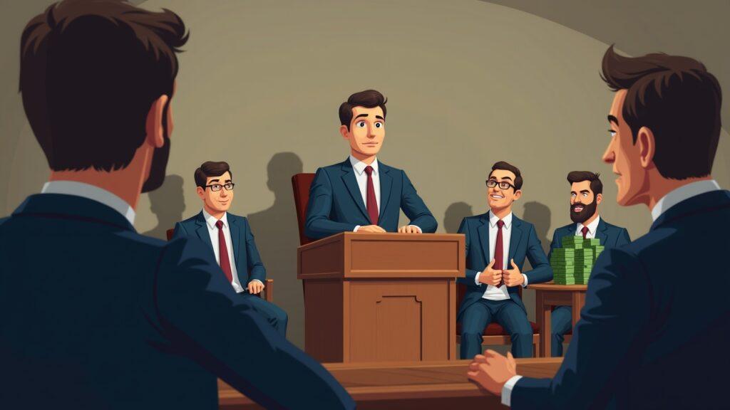 Realistic semi-illustration of a crypto founder at a podium, facing shadowy rivals and money stacks in a government hearing room.