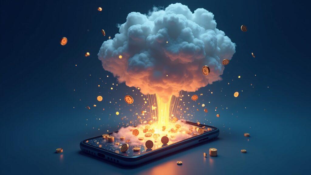 Semi-realistic illustration of a rumor cloud over a global blockchain network, with numerous meme coin icons emerging from a smartphone.