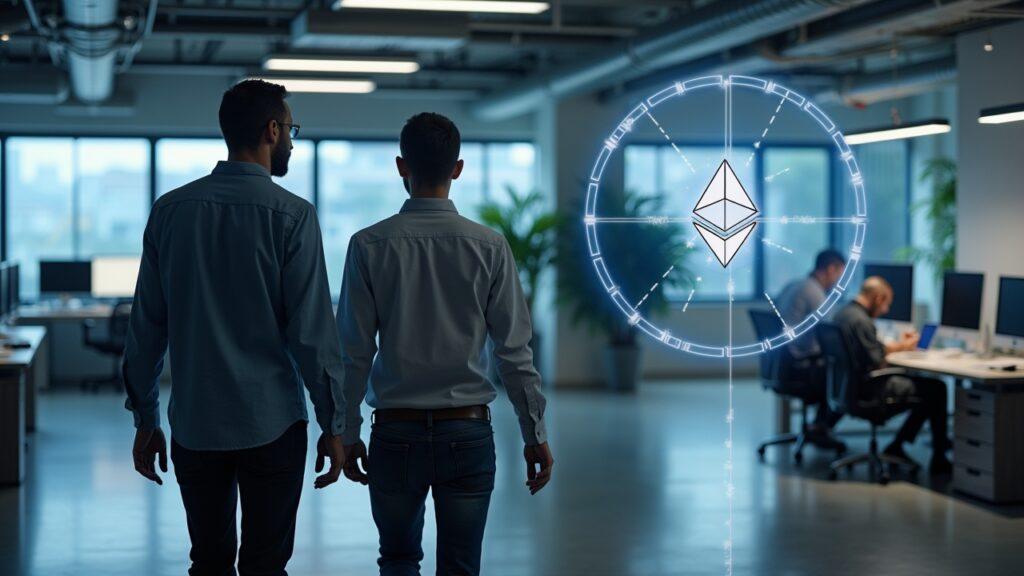 Two Ethereum Foundation researchers beside a network diagram, signaling leadership changes and Beacon Chain work.