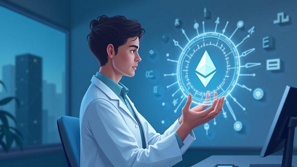 Realistic illustration of a researcher presenting Ethereum Foundation stewardship with a subtle ETH shield in a calm lab.