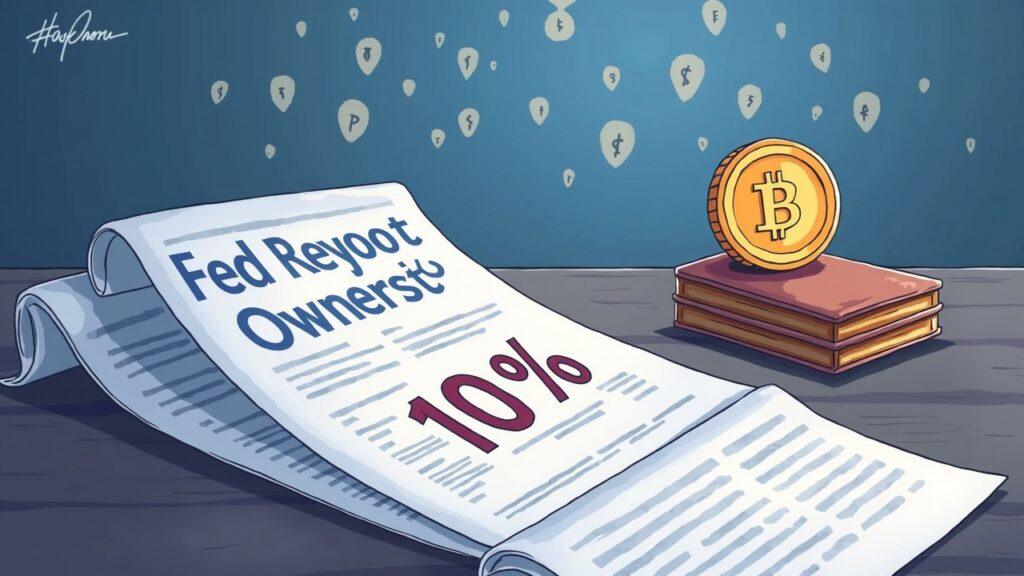 Newsroom desk with a Fed report on 10% crypto ownership; a coin and wallet symbolize holding, with faint payment icons.