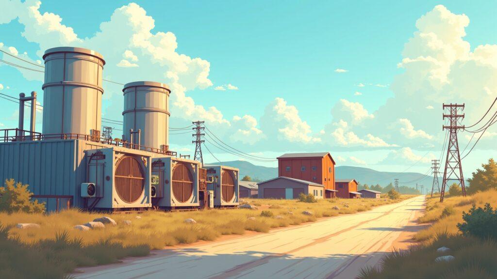 Realistic illustration of a Granbury bitcoin mining site beside residential houses, with cooling fans, soft sound waves, and a decibel meter.
